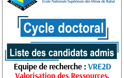 Liste des es candidats admis au cycle doctoral par l’équipe de recherche : Valorisation des Ressources, Environnement et Développement Durable (VRE2D)